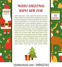 Vector cartoon illustration with cute set of Merry Christmas and Happy New Year holiday background: Santa Claus, deer, Christmas tree, snowman, snowflake, ball, calendar, candies, cookies, fireplace