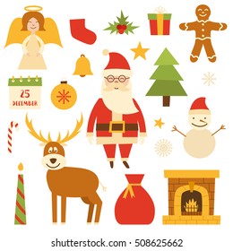 Vector cartoon illustration with cute set of Merry Christmas and Happy New Year icons: Santa Claus, deer, Christmas tree, snowman, snowflake, ball, calendar, candies, cookies, fireplace. Holiday icon