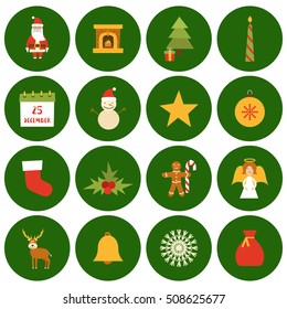 Vector cartoon illustration with cute set of Merry Christmas and Happy New Year icons: Santa Claus, deer, Christmas tree, snowman, snowflake, ball, calendar, candies, cookies, fireplace. Holiday icon