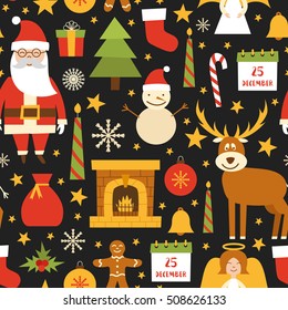 Vector cartoon illustration with cute set of Merry Christmas and Happy New Year holiday background: Santa Claus, deer, Christmas tree, snowman, snowflake, ball, calendar, candies, cookies, fireplace