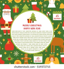 Vector cartoon illustration with cute set of Merry Christmas and Happy New Year holiday background: Santa Claus, deer, Christmas tree, snowman, snowflake, ball, calendar, candies, cookies, fireplace