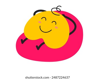 Vector cartoon illustration of cute shape happy character rest on chair on white color background. Flat style child doodle design of relax smile monster for web, site, banner, poster, card