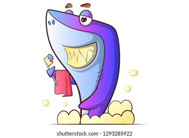 Vector cartoon illustration of cute shark with toothbrush and towel. Isolated on white background.