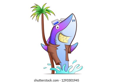 Vector cartoon illustration of cute shark giving pose with tree. Isolated on white background. 