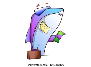 Vector cartoon illustration of cute shark with briefcase. Isolated on white background. 