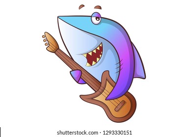 Vector cartoon illustration of cute shark playing guitar. Isolated on white background. 