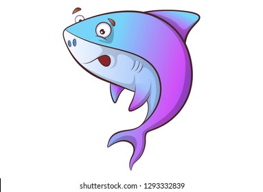 Vector cartoon illustration of cute shark jumping. Isolated on white background. 