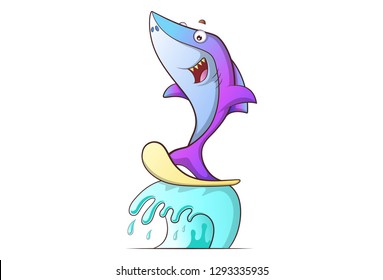 Vector cartoon illustration of cute shark on wave slider. Isolated on white background. 