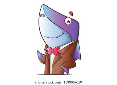 Vector cartoon illustration of cute shark wearing coat. Isolated on white background.