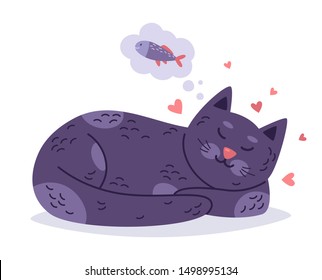 Vector cartoon illustration of cute sleeping cat isolated on white background. Lovely kitten dreaming about the fish. Vector flat illustration.