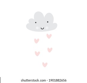 Vector cartoon illustration with cute sleeping cloud and rain of hearts. Scandinavian style nursery art. Valentines Day card.