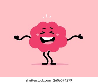 Vector cartoon illustration of cute smile brain dance and relax on pink color background. Flat doodle style design of happy brain character with open mouth and wave hand for web, banner, poster, card