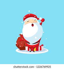 Vector cartoon illustration of cute smiling Santa Claus standing with gift sack on back