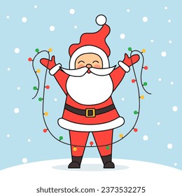 Vector cartoon illustration of cute smiling Santa Claus standing in snow holding garland string of twinkle lights with multicolored bulbs. 