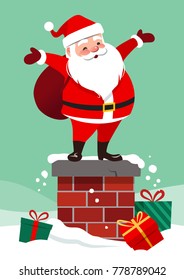 Vector cartoon illustration of cute smiling Santa Claus standing on a chimney with bag on his back, colorful wrapped gifts lying around in the snow, on aqua green background. Christmas design element.