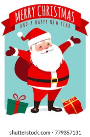 Vector cartoon illustration of cute smiling Santa Claus standing with gift sack on back, gift boxes around, red ribbon banner with text "Merry Christmas and a happy new year". Holiday greeting card.