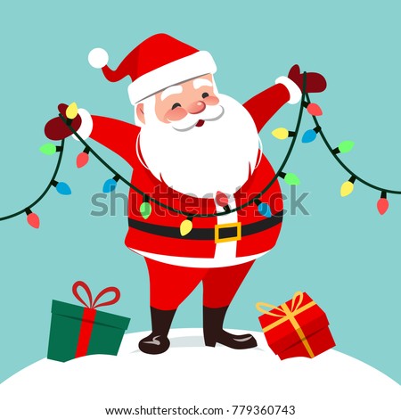 Vector cartoon illustration of cute smiling Santa Claus standing in snow holding garland string of twinkle lights with multicolored bulbs.  Festive Christmas holiday greeting card element, flat style.