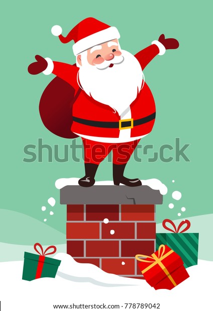 赤い緑の背景に雪の中に色とりどりの贈り物を包み 背景に煙突の上にバッグを付けたかわいい笑顔のサンタクロースを描いたベクターイラスト クリスマスデザインエレメント のベクター画像素材 ロイヤリティフリー