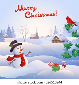 Vector cartoon illustration cute snow man at small snowy village   handwritten Merry Christmas text  square background