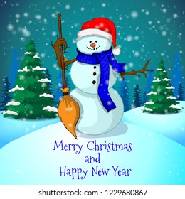 Vector cartoon illustration of a cute snowman on a snowy background.