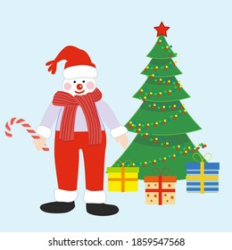 Vektorgrafik-Illustration eines süßen Schneemanns und eines Weihnachtsbaumes mit Geschenken auf hellblauem Hintergrund