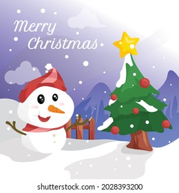 Vector Cartoon Illustration of a Cute Snowman and a Christmas Tree with Decorations