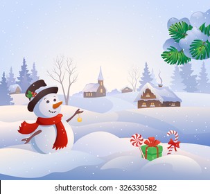 Vector cartoon illustration of a cute snowman at a snowy village