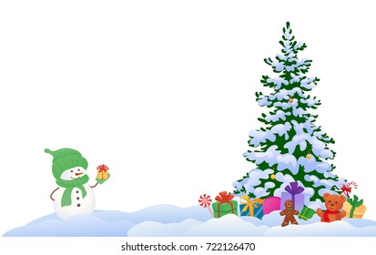 Vector Cartoon Illustration Of A Cute Snowman With A Gift And Christmas Tree Outdoors, Isolated On A White Background