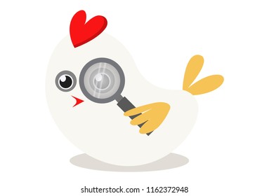 Vector cartoon illustration of cute sparrow with magnifying glass. Isolated on white background.  