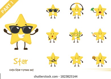 Vector cartoon illustration of cute star poses set. Isolated on white background.