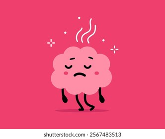 Vector cartoon illustration of cute stress overwork unhappy brain character on pink color background. Flat doodle style design of tired and burnout brain need rest for web, site, banner, poster, card