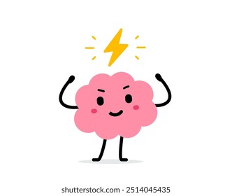 Vector cartoon illustration of cute strong brain and lightning symbol on white color background. Flat doodle style design of smile health brain character for web, site, banner, poster, card