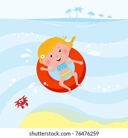 Vector cartoon illustration of cute swimming child.