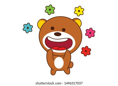 Vector cartoon illustration of cute teddy bear with flowers. Isolated on white background.