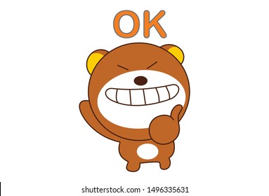 Vector cartoon illustration of cute teddy bear with ok sign. Isolated on white background.
