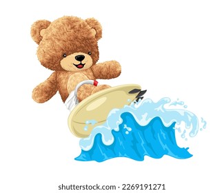 Ilustración de dibujos animados, oso de peluche lindo en el surf