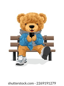 Vector cartoon illustration, cute teddy bear sitting on bench while holding smartphone