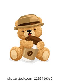 Vector cartoon illustration, cute teddy bear hugging big coffee cup