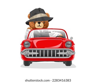 Vector cartoon illustration, cute teddy bear wearing bowler hat on classic car