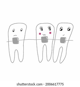 Vector cartoon illustration of cute teeth braces, hand drawn, doodle