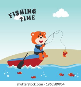 Vector cartoon illustration of cute tiger fishing on sailboat with cartoon style. Can be used for t-shirt print, kids wear fashion design, fabric textile, nursery wallpaper and poster.