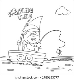 Vector cartoon illustration of cute tiger fishing on sailboat with cartoon style. Childish design for kids activity colouring book or page.
