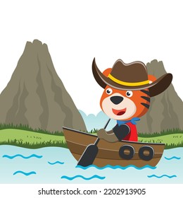 Vector cartoon illustration of cute tiger sailing on sailboat with cartoon style. Can be used for t-shirt print, kids wear fashion design, fabric textile, nursery wallpaper and poster.