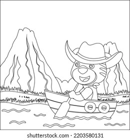 Vector cartoon illustration of cute tiger on sailboat with cartoon style. Childish design for kids activity colouring book or page.