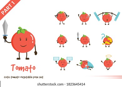 Vector cartoon illustration of cute tomato vegetable poses set. Isolated on white background.