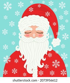 Vector cartoon illustration of cute traditional character Santa Claus with snowflakes. Christmas winter holiday design element. For printing holiday cards, Happy New Year and Merry Christmas.