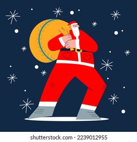 Vector cartoon illustration of a cute traditional Santa Claus character holding a big bag with presents in his hands. Happy New Year. Christmas winter holiday design element