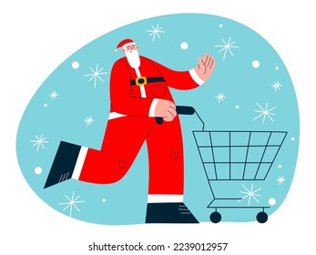 Vector cartoon illustration of a cute traditional Santa Claus character holding a supermarket basket in his hands. Shopping concept. Happy New Year. Christmas winter holiday  design element