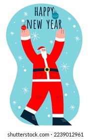 Vector cartoon illustration of a cute traditional Santa Claus character congratulating on the holiday. Happy New Year. Christmas winter holiday design element 
