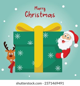Vector cartoon illustration of cute traditional Santa Claus and reindeer characters giving giant gifts isolated on aqua blue. Christmas winter holiday design elements